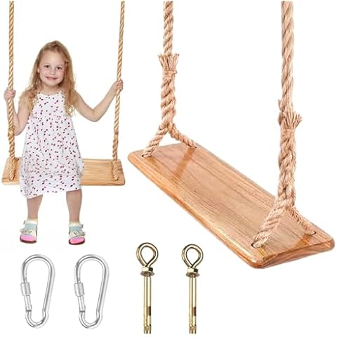 Hanging Wooden Swing, Swing Seat 19.7"x 5.1"× 1.2", Tree Swings for Adults and Kids Outdoor, Adjustable Hemp Rope Plus Tree Straps 80 inch, Kids Swing with 500lbs Load, Rope Swing, Indoor Swing Set Cover