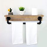 MBQQ Industrial Pipe Shelf,Rustic Wall Shelf with Towel Bar,24' Farmhouse Towel Racks for Bathroom,Floating Shelves Wall Mounted Home Decor Wooden Shelving,Retro Grey