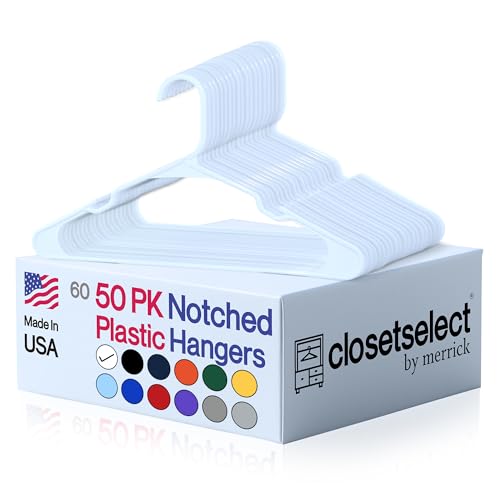 Plastic Hangers 50 Pack, Strong Space Saving Clothes Hanger, Made in USA, Perfect Shirt or Coat Plastic Hanger, with Shoulder Grooves, White, Notched