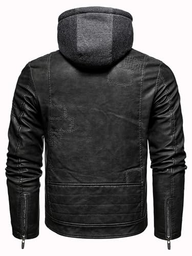 Men's Leather Motorcycle Jacket with Removable Hood Mens Faux Leather Jacket Men PU Vintage Bomber Coat2