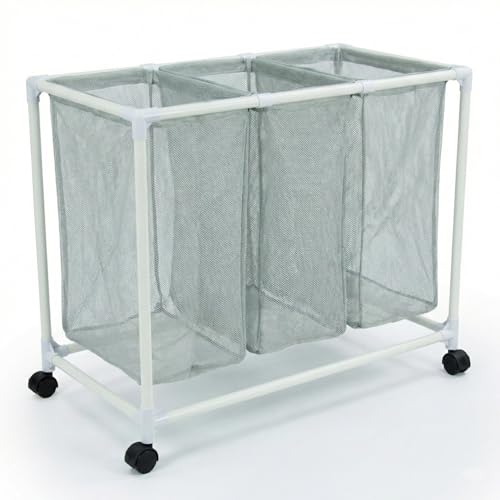 3 Section Laundry Hamper with Wheels & Lid, Large Rolling Laundry Basket Organizer, Durable Mesh Bags for Laundry Room Organizer, Easy Assembly, 29.5L x 19W x 30.5H Inches