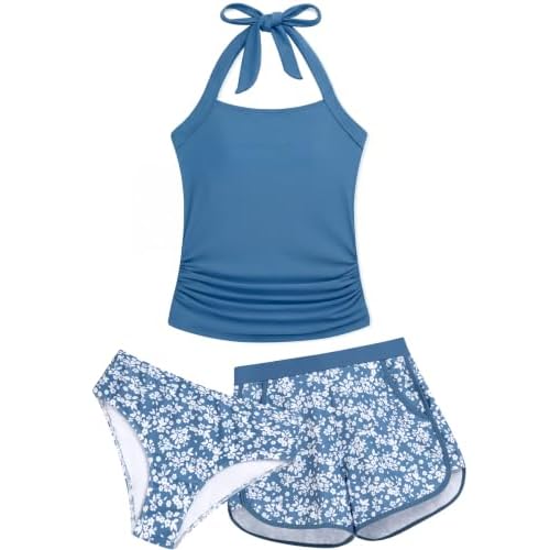 HUSKARY Girls Tankini Swimsuits Two Piece Halter Bathing Suit with Shorts