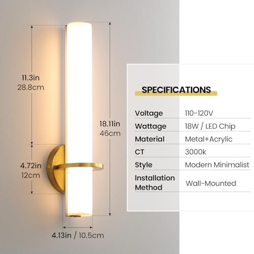 Image of Hardwired Wall Sconces Set of Two 18 Inch Gold Bathroom Wall Sconces 18W 2700K-5000K LED Dimmable Modern Wall Lights with Acrylic Lampshade Brushed Gold Sconces for Bedroom Living Room Hallway
