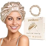 YANIBEST 22 Momme 100% Mulberry Silk Bonnet, Adjustable Hair Bonnet for Women, Double Layer Silk Turban, Hair Wrap Sleep Cap Champagne