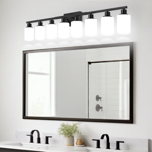 Image of MOKATNG 8-Light Bathroom Light Fixtures, Vanity Light with Milky White Shades, Matte Black Bathroom Light Fixtures Over Mirror, Modern Bathroom Wall Lamp for Mirror Living Room Cabinet Bedroom
