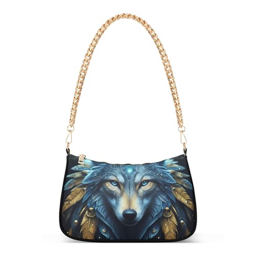 Mystical Blue Wolf Face Celestial Ladies Shoulder Bag Prints for Women Classic Purse Hobo Totes Cartoon Clutch Handbags Zipper Closure