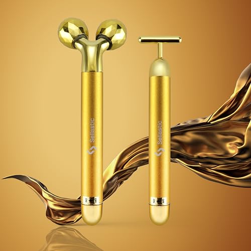 Image of 24k Gold Electric Face Massager,Korean Skincare V shape 3d Facial Roller with T-Shaped Energy Beauty Massage Combo for Anti Aging,Glowing Skin,Face Slimmimg,Eyes,Nose,Forehead,Neck