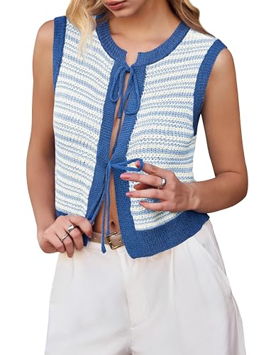 Image of Yousify Womens Crochet Sleeveless Knit Tops Tie Front Sweaters Vest 2025 Summer Tank Tops Boho Off Shoulder Sheer Blue L