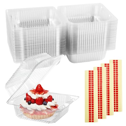 BONAVCY 100 Pieces Cake Slice Boxes for Cake Portions, 4 Inch Clear Square Individual Cupcake Dessert Containers with Sealing Stickers for Cakes, Muffins, Cheeses