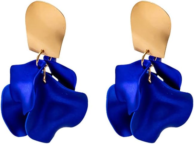 Aretes colgantes de pétalos de rosa, elegantes aretes bohemios de resina colgantes de pétalos de rosa azules, aretes colgantes para mujer, aretes