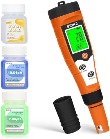 GIDIGI Medidor Cloro, pH y Salinidad Piscinas, 7 en 1 pH, FAC, Sal, ORP, EC, TDS y Temp con Solución de Calibración, Medidor de Cloro para Piscinas, Acuarios, Hidroponía y Agua Potable