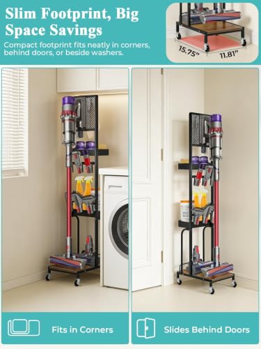 Image of Haturi Vacuum Stand for Dyson V16 Gen5 V15 V12 V11 V10 V8 V7 | Exclusively Designed for Dyson, Robust Base, Freestanding, Accessory Organizor with 6 Hooks & 2 Metal Baskets, Black