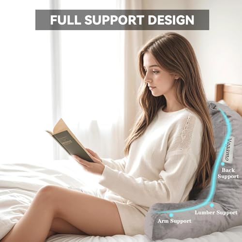 Yagamo Reading Pillow for Bed with Adjustable Memory Foam,Large Adult Backrest with Arms, Back Pillow for Sitting in Bed with Washable Cover- Large, Gray