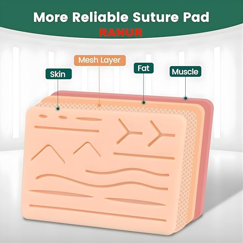 Image of RANUR 4 Layer Silicone Suture Practice Pad, Reusable Suturing Pad & Suture Practice Model for Medical Students, Surgical Suturing Practice Kit Training Pad with Pre-Cut Wounds (6.69 x 4.72 Inch)