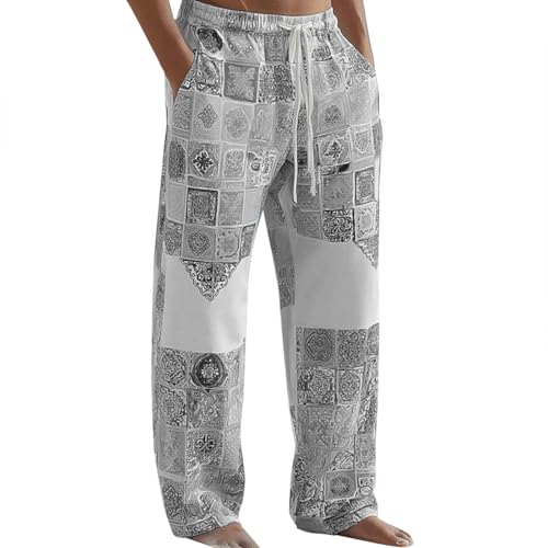 QXQLSH - Pantalones de lino para hombre, bohemios, florales, para verano, playa, transpirables, con piernas anchas, cintura elástica, cordón ajustable, pantalones de yoga, gris, XL