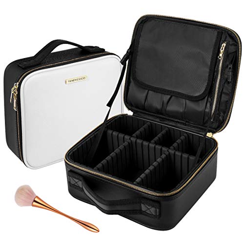 TENDYCOCO Travel Makeup Bag PU Portable Multifunctional Cosmetic Case Zipper Toiletry Bag with Adjustable Dividers for Women Ladies Black
