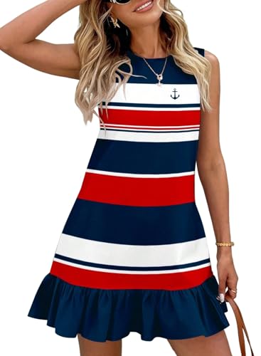 SHEWIN Casual Dresses for Women Striped Crewneck Sleeveless Summer Dress Beach Dresses for Women Red Stripe Small