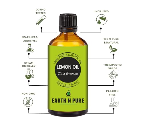 Image of Earth N Pure Lemon Essential Oil 100% Pure & Natural | for Diffuser, Aromatherapy, Skin Care, Hair Care & Cleaning | Citrus Aroma for Fresh Mood & Home Use | Undiluted Therapeutic Grade - 50ml
