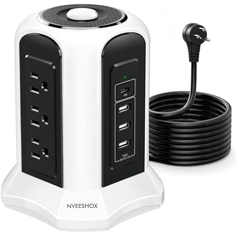 NVEESHOX Power Strip Tower Surge Protector with 9 Outlets 1 USB C & 3 USB A Ports, 10ft Extension Cord Charging Tower with Multiple Outlets, Overload Surge Protection Fire Proof for Home Office Cover