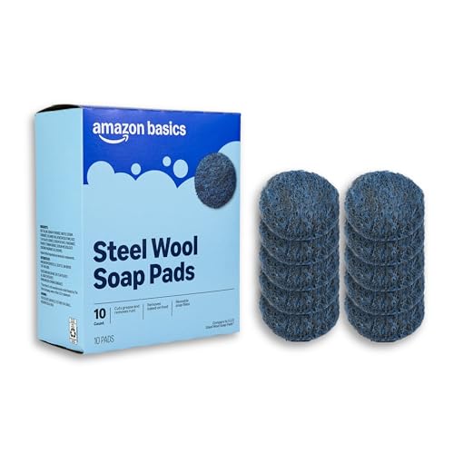 Amazon Basics Steel Wool Soap Pads, Reusable, Cuts Grease and Removes Rust, 10 Count, Pack of 1