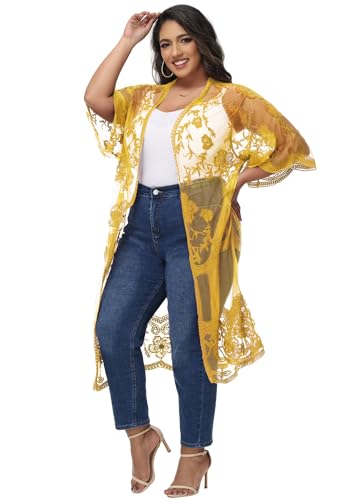Image of Anna-Kaci Women's Plus Size Lace Cardigan Embroidered Long Kimono Dusters with Half Sleeves