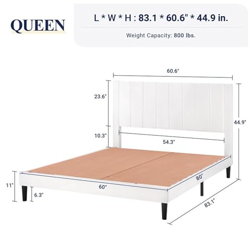 Image of HITHOS Modern Upholstered Queen Size Bed with Wingback Headboard | Wooden Double Bed Cot Palang Without Storage for Living Room Bedroom Home (White) 1 Year Warranty