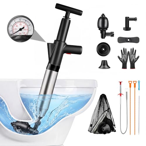 Image of High Pressure Toilet Plunger Heavy Duty Air Drain Blaster, Real-Time Barometer & Storage Bag, Multi-Drain Clog Remover for Toilets, Sinks, Tubs & Pipes - Fast Effective Unclogging Tool (Black)