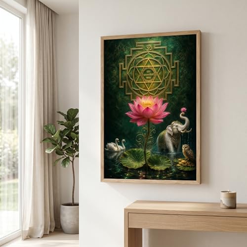 Image of Livin'luxe Shree Yantra Lotus Elephant Wall Painting for Living Room Bedroom Pooja Room Decor with Premium Wooden Color Synthetic Frame, Spiritual Art Gift (13.5 x 19.5) NM01-4083