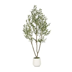 Artificial Olive Tree, 6FT Tall Faux Olive Tree with White Planter, Artificial Plants with Natural Wood Trunk and Lifelike Fruits for Home Office Decor