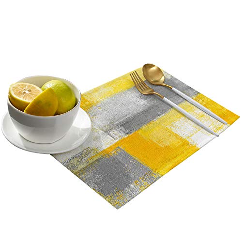 Maconaa Yellow And Grey Placemats For Dining Table, Abstract Graffiti Oil Painting Cotton Linen Place Mats For Kitchen/Dining, Non Slip, Durable, Washable Table Mats 13''X19'' Table Decor, 4Pcs #TOP1