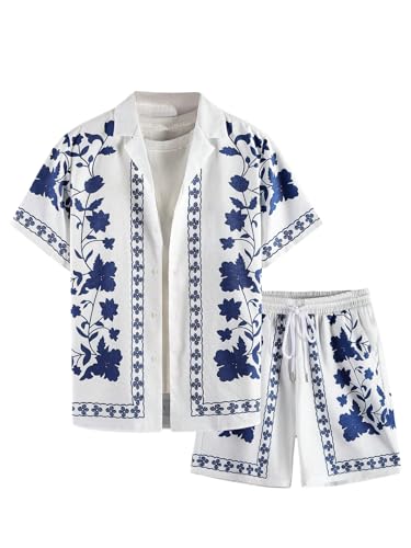 GORGLITTER Men's Beach Cruise Vacation Outfits Floral Shirt and Shorts Sets
