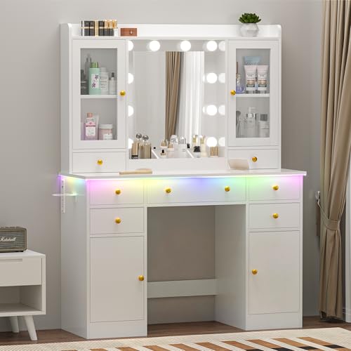 Wodeer Vanity Desk with Mirror and Lights, 43' White Makeup Vanity Set with 5 Drawers & Glass...
