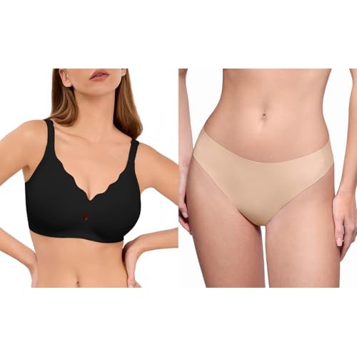 LUCKMEEY Wave Push Up Wireless Bra Seamless Bras Black S & Cotton Thongs for Women Seamless Thongs for Women Skin S
