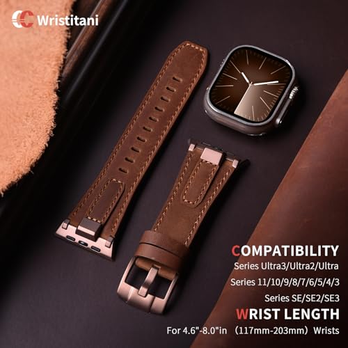 Image of Wristitani Leather Bands Compatible with Apple Watch Band 49mm 46mm 45mm 44mm for Men, Metal Connector & Genuine Leather Straps for iWatch Ultra3 /2 /1 SE3 /2 /1 Series 11 10 9 8 7 6 5 4 [NO Watch and Case]