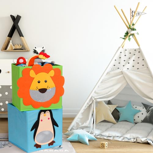 Lifenite stoffboxen kinder 3er-Set, faltbare Tier Aufbewahrungsbox, StoffspielzeugAufbewahrungsbox, aufstellbare Aufbewahrungsbox, für Wohnzimmer, Kinderzimmer, Kindergarten, 27 x 27 x 27 cm