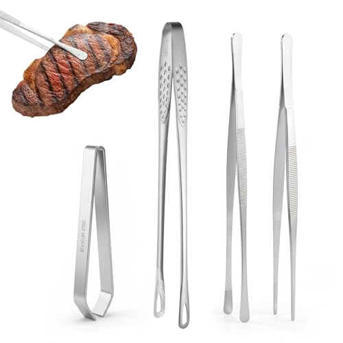 4 Pcs Pinzas Cocina, Pinzas de Cocina de Acero Inoxidable, Pinzas para Asar de Precisión, Pinzas Barbacoa Largas y Finas para Cocinar, Pinza para Carne y Embutidos Cocinero Barbacoa Servir Parrilla