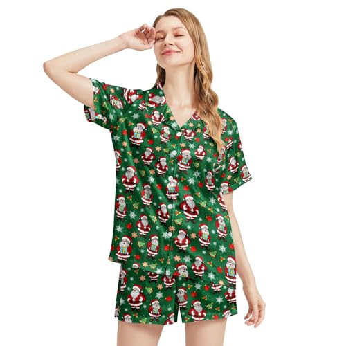 Image of Funny Satin Pajamas Set for Women Button Down Sleepwear Print Pjs Set 2 Piece Short Sleeve Loungewear Gift for Women