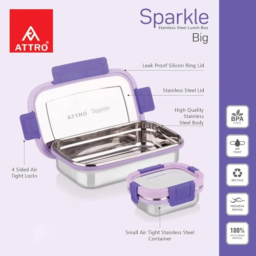 Image of ATTRO Sparkle Big Stainless Steel Lunch Box 2-Piece Set - 900ml + 200ml - Leak-Proof, BPA-Free, Compact & Durable - Ideal for Kids, Office, Travel - Purple