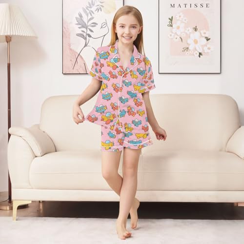 senya Cute Cartoon Airplane Satin Summer Pajama Sets Silk Short Sleeve Button Down Sleepwear4