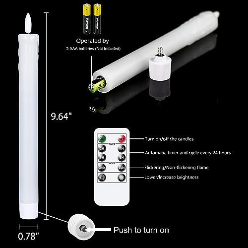 Image of GenSwin Drip Wax Flameless Taper Candles Flickering with 10-Key Remote, Battery Operated Led Warm 3D Wick Light Window Candles Real Wax Pack of 6, Christmas Home Wedding Decor(White, 0.78 X 9.64 Inch)