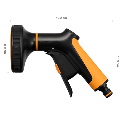 Fiskars Pistolet Pulvérisateur Multi, 5 Jets, Débit réglable en continu, avec Contrôle Gâchette à l'Avant et verrouillage marche/arrêt, SoftGrip, Taille universelle, noir/orange, 1065482