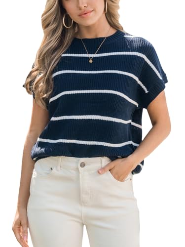 CUPSHE Womens Knit Short Sleeve Sweater Striped Crew Neck Cap Sleeve Top Casual Pullover Tops