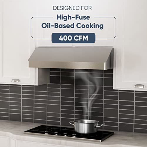 Zephyr Gust Under Cabinet Ducted Range Hood 30 inch - 400 CFM 3-speed Powerful Kitchen Vent Hood & Exhaust Fan for Stove, Oven - Electric Stainless Steel, Dual-Level Lighting AK7100BS