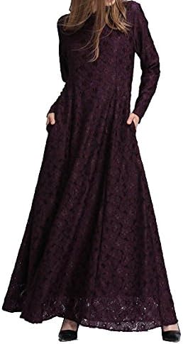 QueenMM Women's Causal Long Sleeve Lace Muslim Dress Kaftan Abaya Islamic Maxi Dress Elegant Evening Dresses Wine