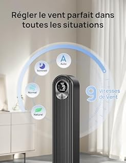 Dreo Ventilateur Colonne Silencieux, Puissant Vitesse 8,53 m/s, Ventilateurs Tour de 106cm avec Télécommande, 9 Vitesses, 4 Modes, Minuterie 12H, Oscillant à 90° pour Grande Chambre