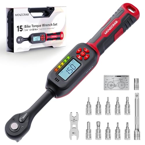 MOVECRAB 1/4 Digitaler Drehmomentschlüssel Set Fahrrad 1 530 Nm 2% Präzision Bits aus S2-Werkzeugstahl (HRC 601.5) Inkl. 8/10 mm Bremsenringschlüssel Für MTB Rennrad & Carbon