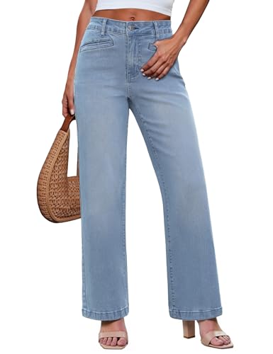 luvamia Light Wash Jeans Women Trendy Welt Pockets Loose Fitting Pants Stretchy Work Casual Lakeside Blue Stretchy Wide Leg Jeans for Women Size Small US 4 to 6