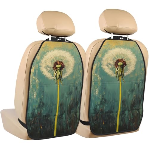 Single White Dandelion Car Seat Back Kick Protectors,2 Pack Kick Mats With Storage Pockets For Vehicles To Protect From Dirt Mud Scratches