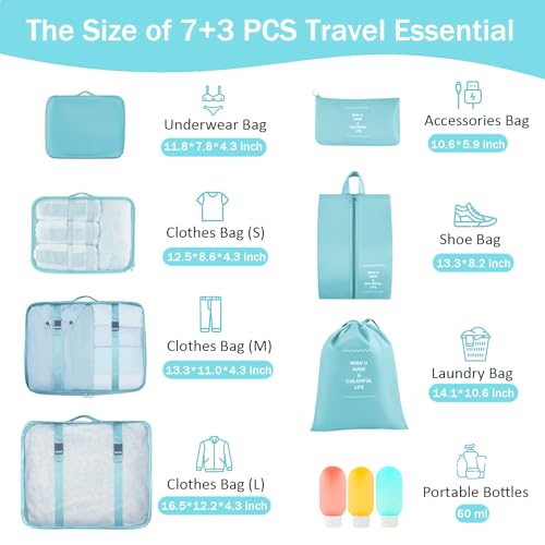 Packing Cubes - 10 Pieces Luggage Sets Waterproof Suitcase Organizer Mesh Packing Bags Clothes Shoes Cosmetics Toiletries Space Saver Storage Bags with Portable Bottles for Travel (Blue)2