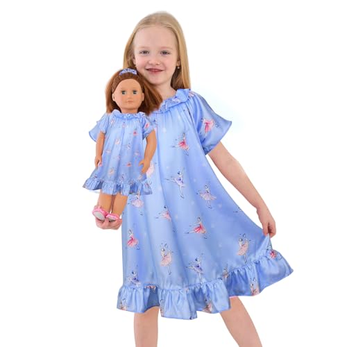 JESKIDS Girls Satin Nightgowns Silk Nightdress Flutter Sleeve Pajama Matching Dolls Clothes Blue Ice Ballet 3-4T